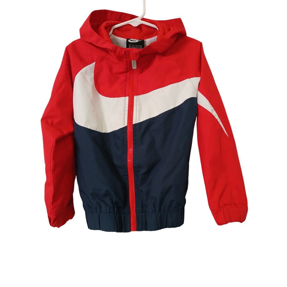Nike Color Block Logo Windbreaker Hooded Large Check Toddler Boys Red White 4-5t